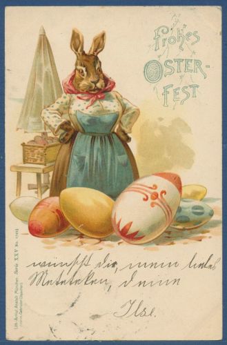 Frohes Osterfest Frau Hase bemalte Ostereier, gelaufen 1900 (AK5667)