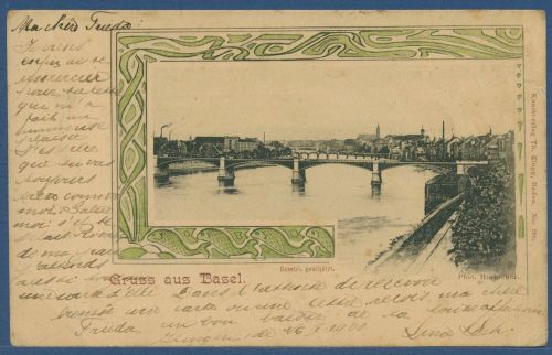 Gruß aus Basel Stadtansicht mit Rheinbrücke, gelaufen 1900 (AK5588)