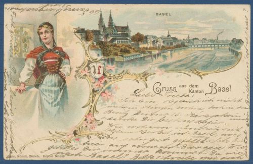 Gruß aus dem Kanton Basel Stadtansicht mit Rheinbrücke, gelaufen 1901 (AK5587)