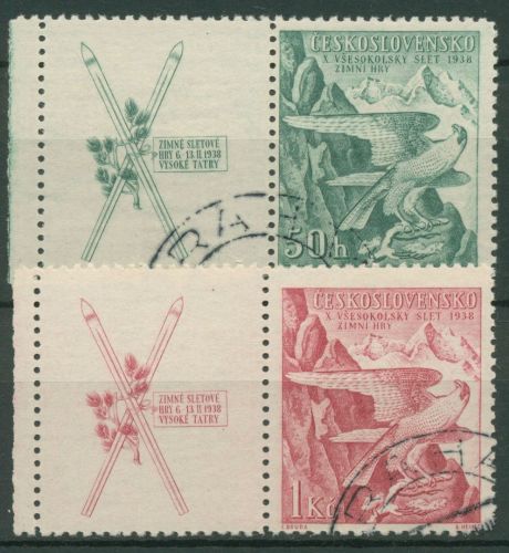 Tschechoslowakei 1938 Sokol-Winterspiele Hohe Tatra Falke 387/88 Zf gestempelt