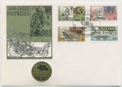DDR 1990 Numisbrief 500 Jahre Post mit 5 Mark Postwesen, 3354/57 (X16778)