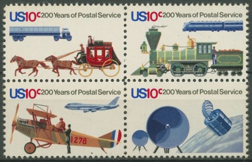 USA 1975 Postwesen Eisenbahn Flugzeug Postkutsche 1182/85 ZD postfrisch