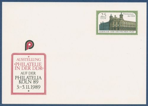 DDR 1989 Postmuseum PHILATELIA KÖLN Sonderpostkarte P 104 ungebraucht (X40998)