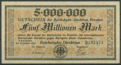 Deutsche Reichsbahn Dresden 5 Mio Mark 1923, gebraucht (K1670)