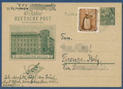 DDR 1955 Fünfjahrplan Postkarte 10 J. Dt. Post P 66 gebraucht n. Italien (X41582)