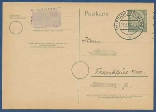 Bund 1955/56 Theodor Heuss Ortspostkarte P 25 gebraucht (X41588)