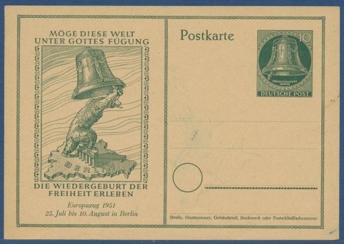 Berlin 1951 Glocke Europa-Zug Sonderpostkarte P 25 ungebraucht fleckig (X41597)