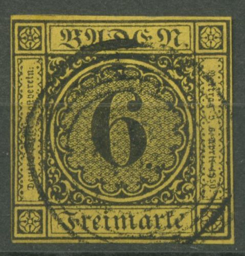 Baden 1853/54 6 Kreuzer schwarz auf gelb 7 gestempelt