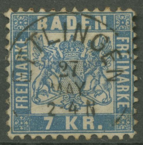 Baden 1868 7 Kreuzer lebhaftblau 25 a gestempelt, Zahnfehler