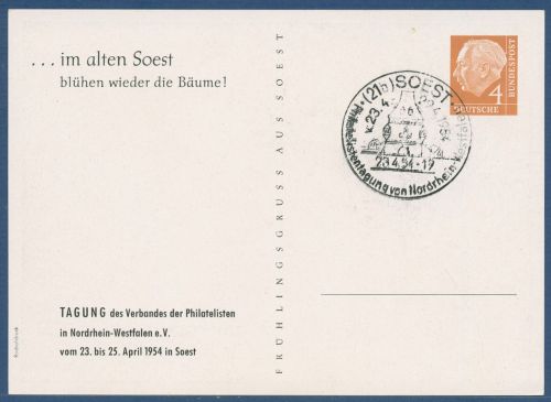 Bund 1954 Heuss Philatelistentagung Soest, Privatpostkarte PP 5/2 SST (X41602)