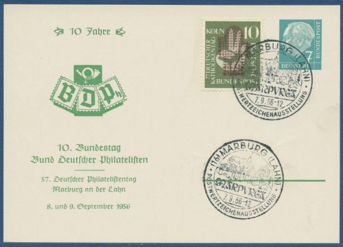 Bund 1956 Heuss Philatelistentag Marburg, Privatpostkarte PP 6/8 SST (X41603)