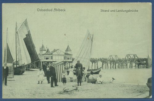 Ostseebad Ahlbeck Usedom Strand und Landungsbrücke, gelaufen 1917 (AK5760)