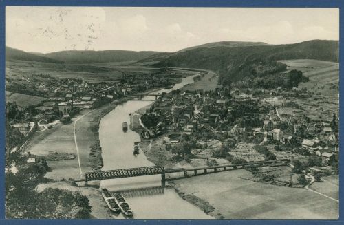Jod-Solbad Bodenwerder vom Bismarckturm, gelaufen 197, Einklebespur (AK5755)