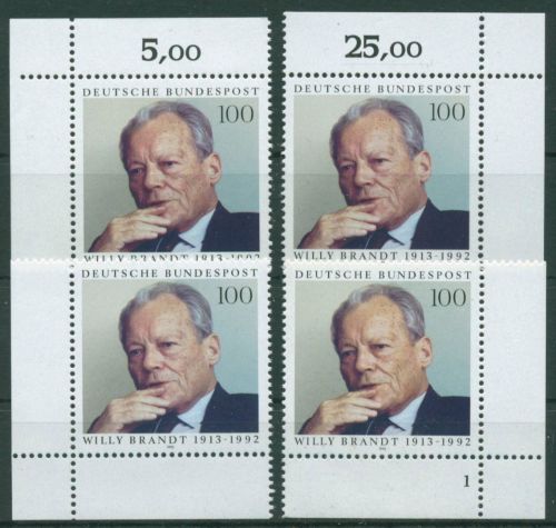 Bund 1993 Willy Brandt 1706 alle 4 Ecken postfrisch (E2193)