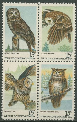 USA 1978 Naturschutz Vögel Eulen Bartkauz Uhu 1358/61 ZD postfrisch