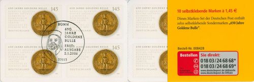 Bund Markenheftchen 2006 Goldene Bulle MH 62 I a (2516) ESST BONN (C18175)