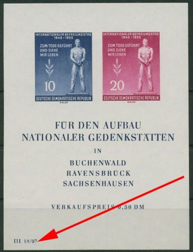DDR 1955 Befreiung vom Faschismus mit Plattenfehler Block 11 XI c postfrisch