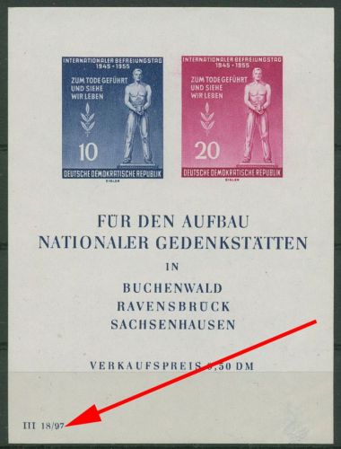 DDR 1955 Befreiung v. Faschismus Plattenfehler Block 11 XI c postfrisch, Mängel