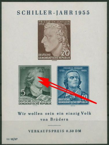 DDR 1955 Friedrich Schiller mit Plattenfehler Block 12 XI PF II postfrisch
