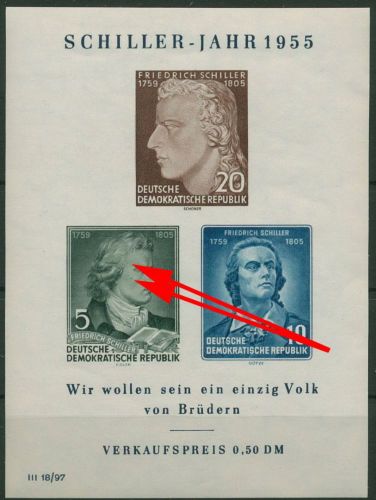DDR 1955 Friedrich Schiller mit Plattenfehler Block 12 XII PF II postfrisch