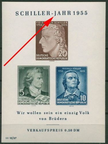 DDR 1955 Friedrich Schiller mit Plattenfehler Block 12 XI PF IV postfrisch