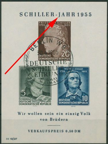 DDR 1955 Friedrich Schiller mit Plattenfehler Block 12 XI PF IV mit ESST