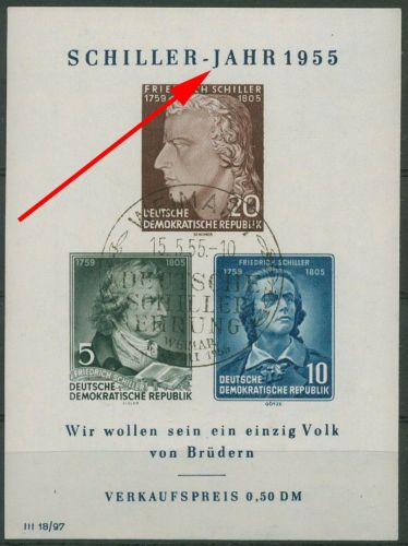DDR 1955 Friedrich Schiller mit Plattenfehler Block 12 XI PF IV gestempelt