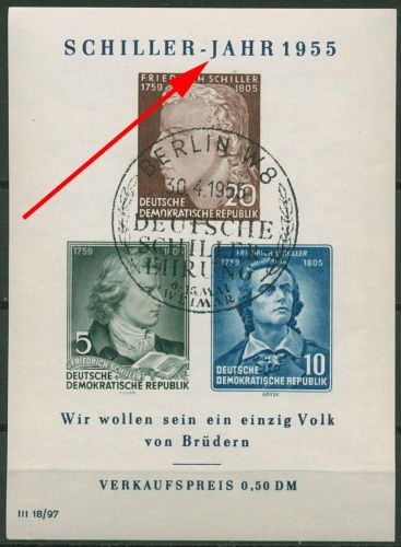 DDR 1955 Friedrich Schiller mit Plattenfehler Block 12 XII PF IV mit ESST