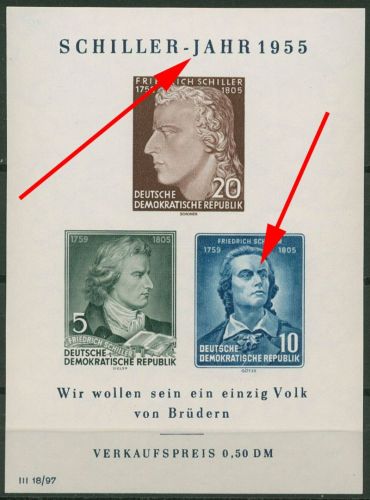 DDR 1955 Friedrich Schiller mit Plattenfehler Block 12 XI PF IV c postfrisch
