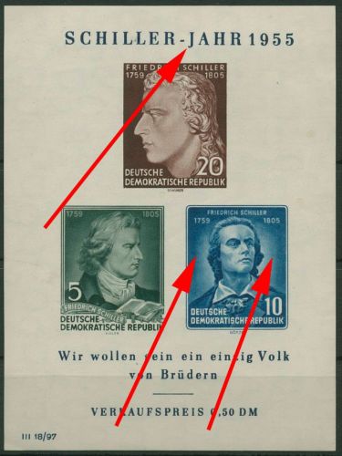 DDR 1955 F. Schiller m. Plattenfehler Block 12 XII PF IX postfrisch, Haftstellen