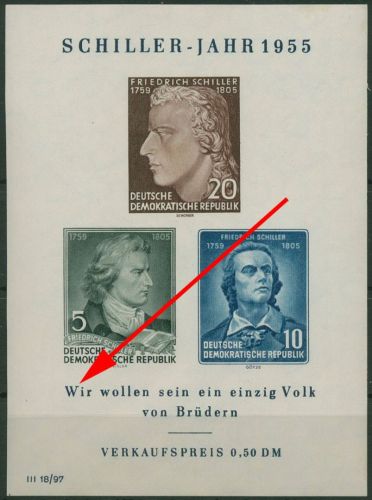 DDR 1955 Friedrich Schiller mit Plattenfehler Block 12 XI PF X postfrisch