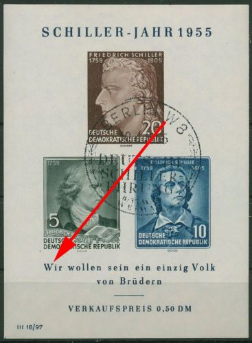 DDR 1955 Friedrich Schiller mit Plattenfehler Block 12 XI PF X mit ESST