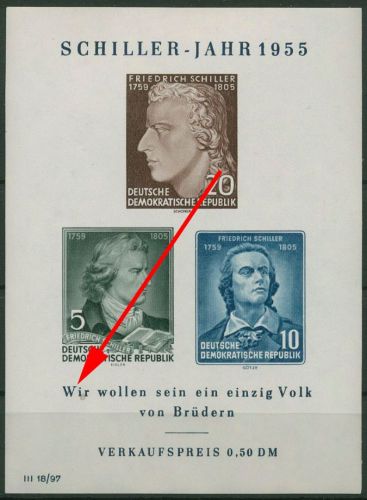 DDR 1955 F. Schiller mit Plattenfehler Block 12 XI PF X postfrisch, kl. Fleck