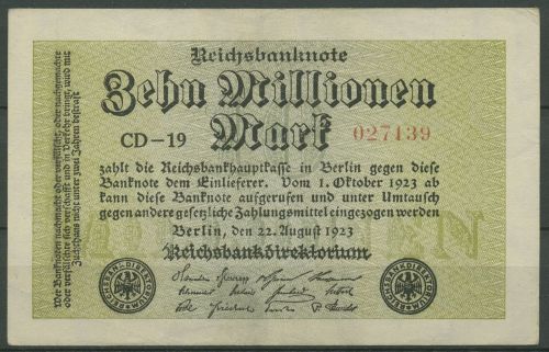 Dt. Reich 10 Millionen Mark 1923, DEU-118g FZ CD, leicht gebraucht (K1229)
