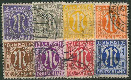 Bizone 1945 AM-POST Amerik. Druck Papier x komplett 8 Werte 1/9 x gestempelt