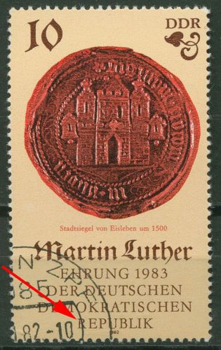 DDR 1982 500. Geb. Martin Luther mit Plattenfehler 2754 F 2 gestempelt
