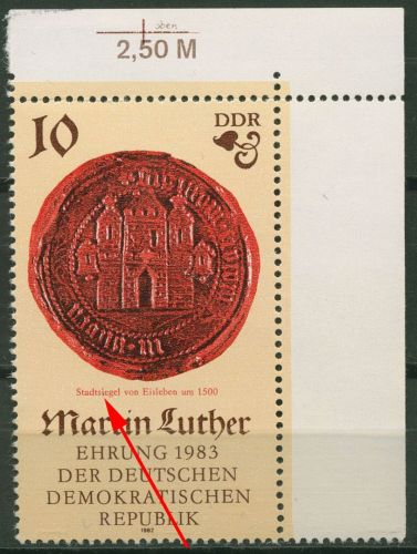 DDR 1982 500. Geb. Martin Luther mit Plattenfehler 2754 F 5 Ecke postfrisch