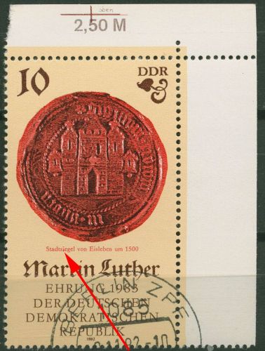 DDR 1982 500. Geb. Martin Luther mit Plattenfehler 2754 F 5 Ecke gestempelt