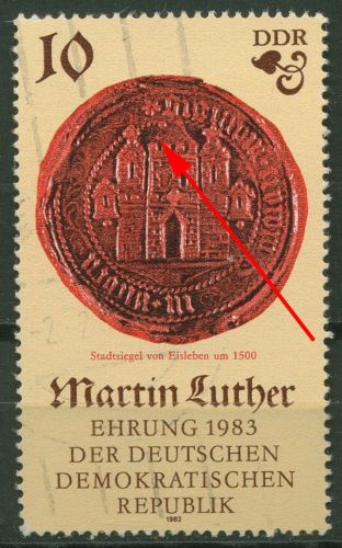 DDR 1982 500. Geb. Martin Luther mit Plattenfehler 2754 F 10 a gestempelt