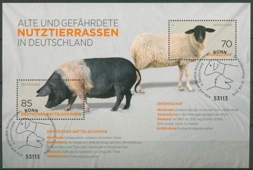 Bund 2016 Nutztierrassen Schwein Schaf Block 81 ESST Bonn gestempelt (C98943)