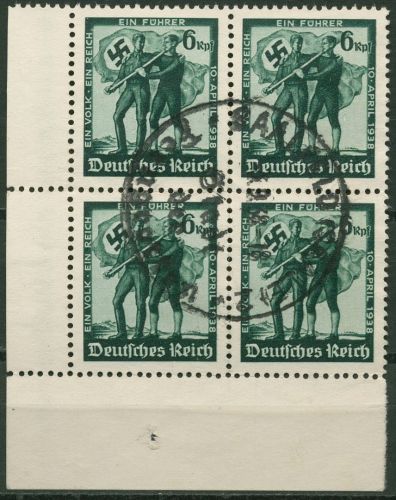 Dt. Reich 1938 Volksabstimmung in Österreich 663 4er-Block Ecke 3 gestempelt