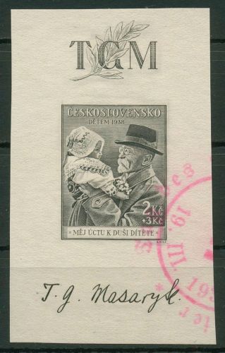 Tschechoslowakei 1938 Präsident Masaryk 391 aus Block 3 gestempelt