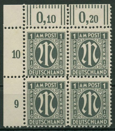 Bizone 1945 AM POST Dt. Druck Zähnung A: 16 A z 4er-Block Ecke 1 postfrisch