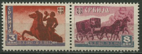 Serbien 1943 100 J. serb. Post waag. Zusammendruck W Zd 3 postfrisch