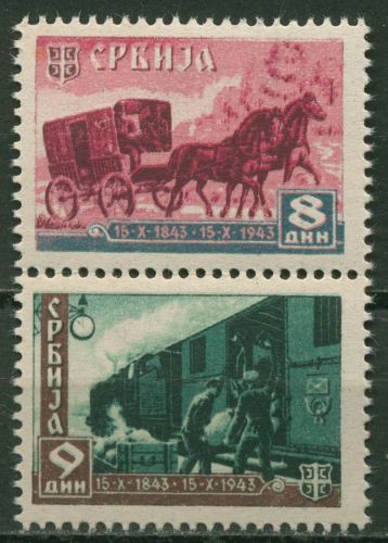 Serbien 1943 100 J. serb. Post senkr. Zusammendruck S Zd 5 postfrisch