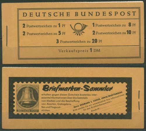 Bund 1960 Heuss/Ziffer WZ Y, Type I Markenheftchen MH 4 Y I RLV I postfrisch