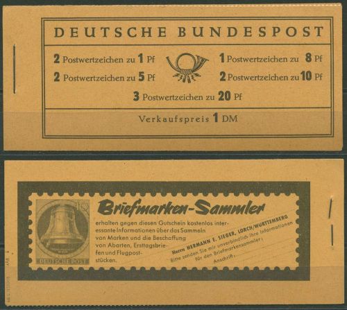 Bund 1960 Heuss/Ziffer WZ Y Type I Markenheft. MH 4 Y I RLV III postfrisch gepr.