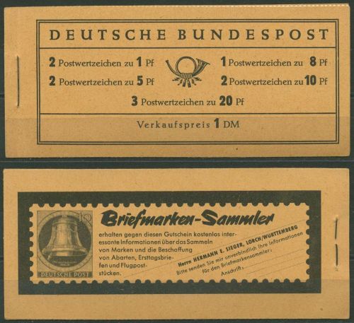 Bund 1960 Heuss/Ziffer WZ Y, Type II Markenheftchen MH 4 Y II RLV V postfrisch
