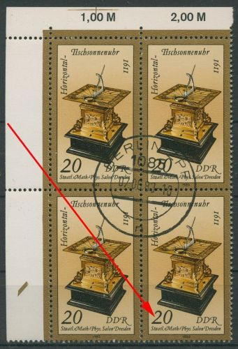DDR 1983 Sand- u. Sonnenuhren mit Plattenfehler 2798 F 12 4er-Block gestempelt