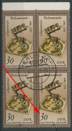 DDR 1983 Uhren mit Plattenfehler 2799 F 18 4er-Block mit Massenentwertung